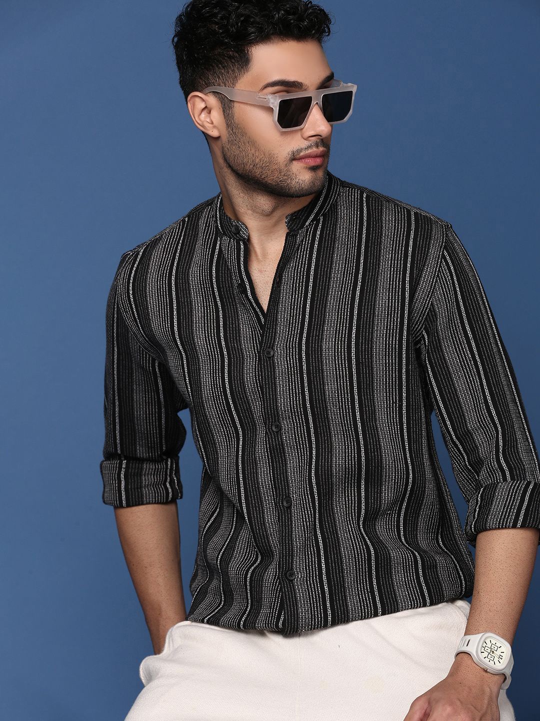 

SHOWOFF Men Striped Cotton Standard Slim Fit Casual Shirt, Black