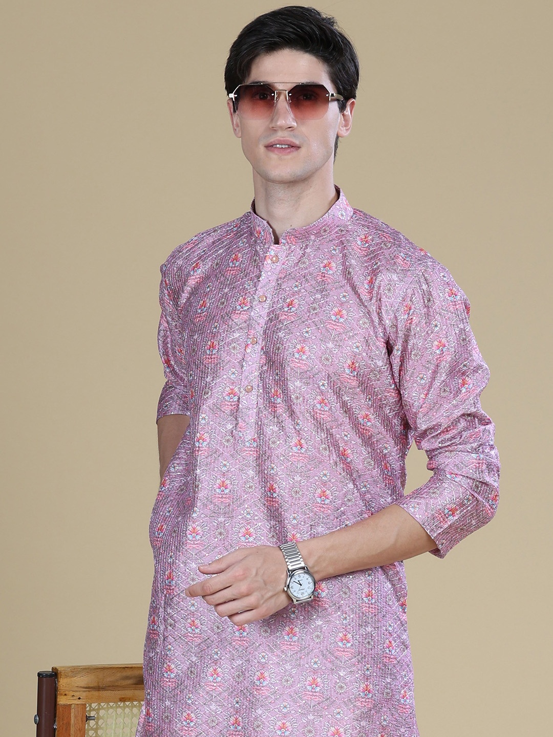 Anouk Floral Embroidery Cotton Straight Kurta, Pink