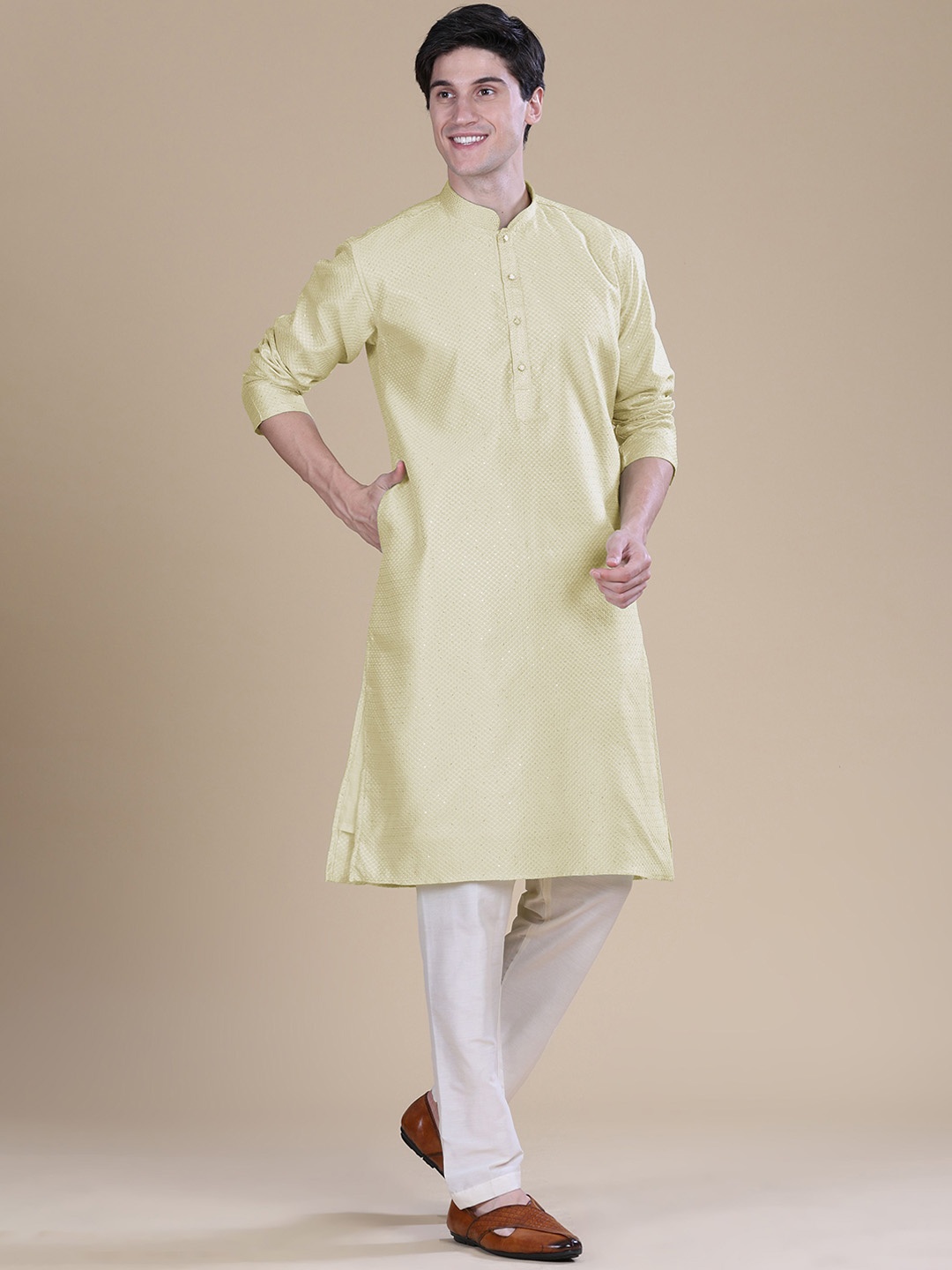 

Anouk Woven Design Mandarin Collar Cotton Silk Straight Kurta, Yellow