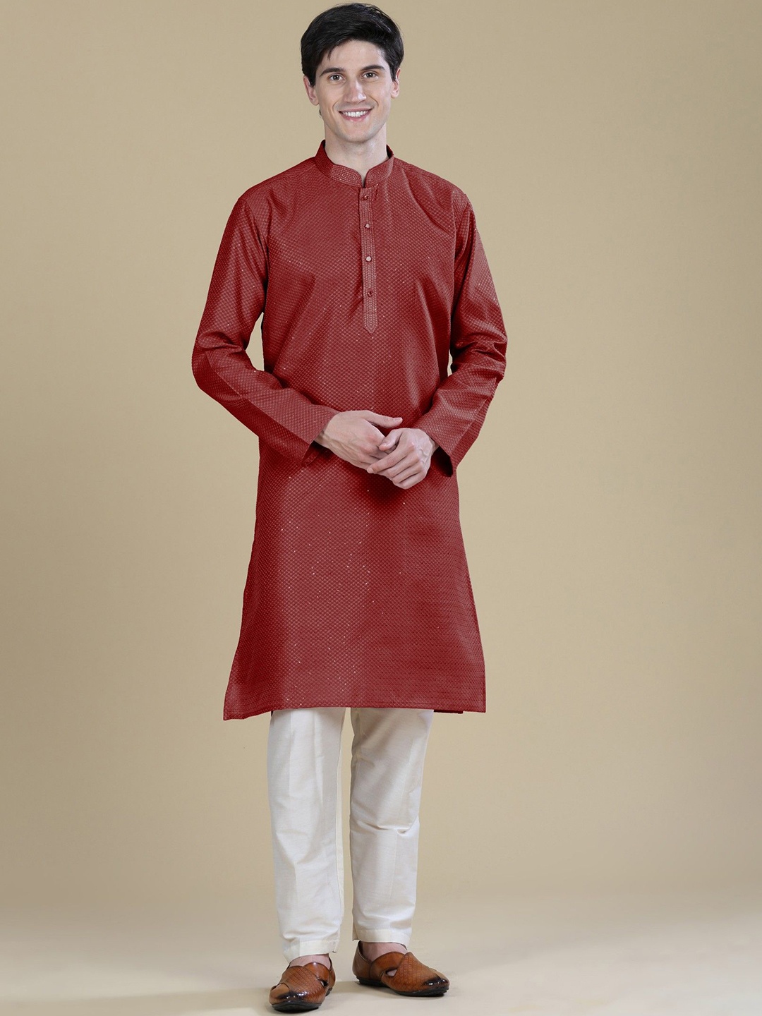 

Anouk Woven Design Mandarin Collar Sequinned Straight Kurta, Maroon