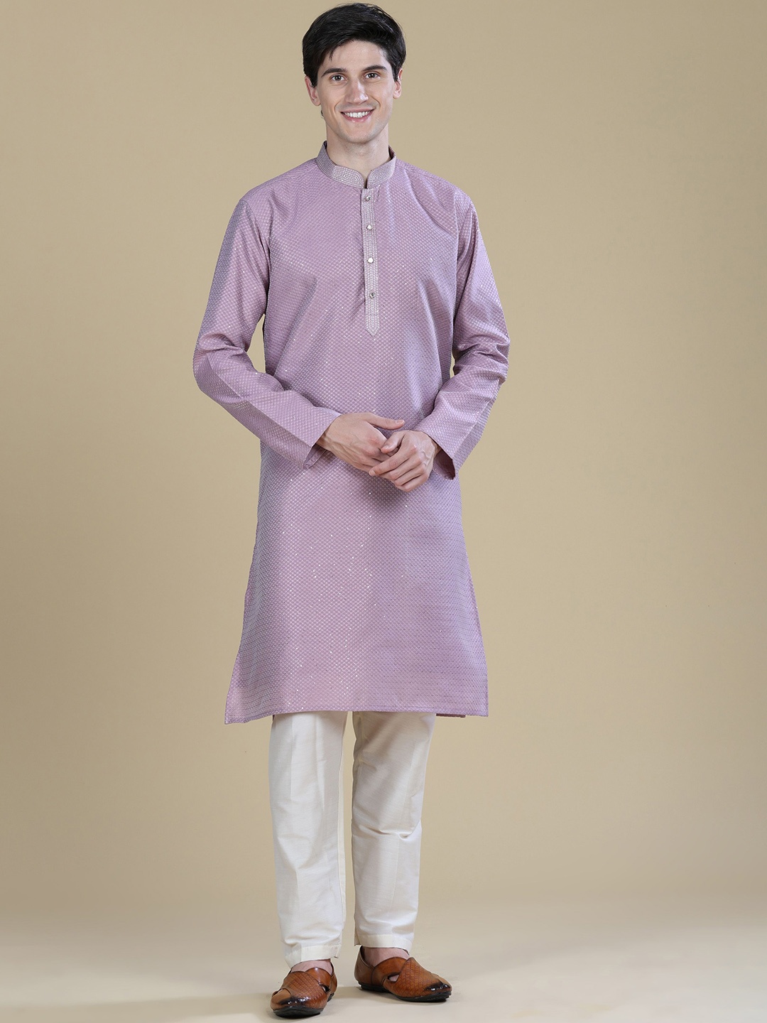 

Anouk Sequins Embellished Mandarin Collar Cotton Silk Straight Kurta, Purple