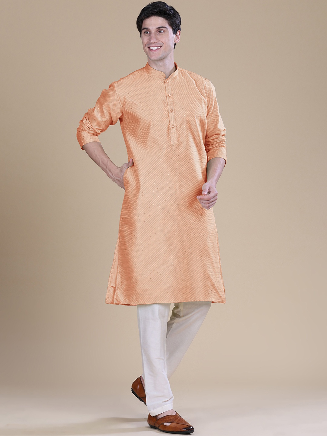 

Anouk Orange-Coloured Geometric Woven Design Sequinned Cotton Silk Straight Kurta