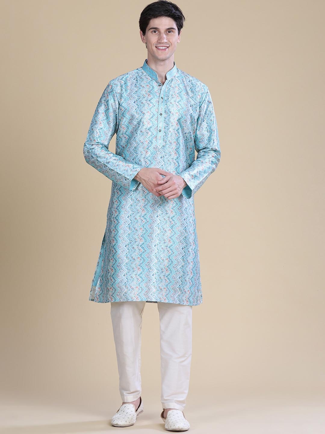 

Anouk Blue Chevron Printed Mandarin Collar Raw Silk Straight Kurta