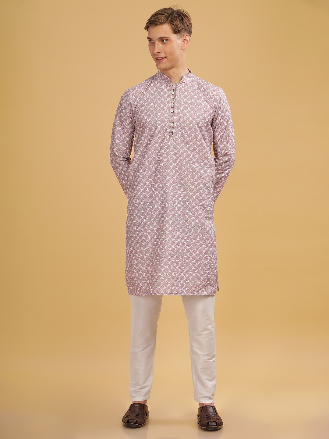 

Anouk Men Geometric Embroidered Mandarin Collar Cotton Straight Kurta, Pink
