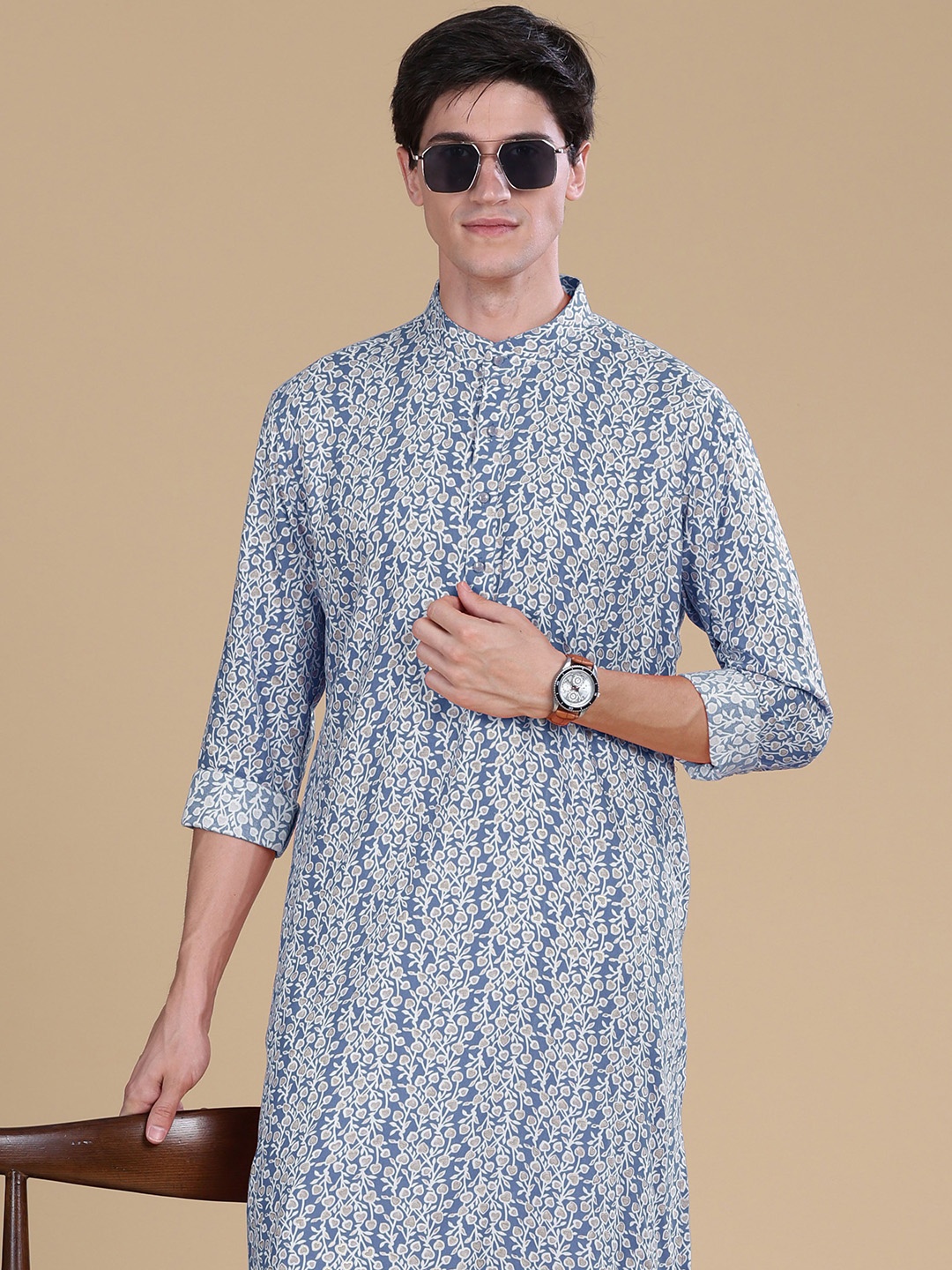 

Anouk Ethnic Motifs Printed Mandarin Collar Cotton Straight Kurta, Blue