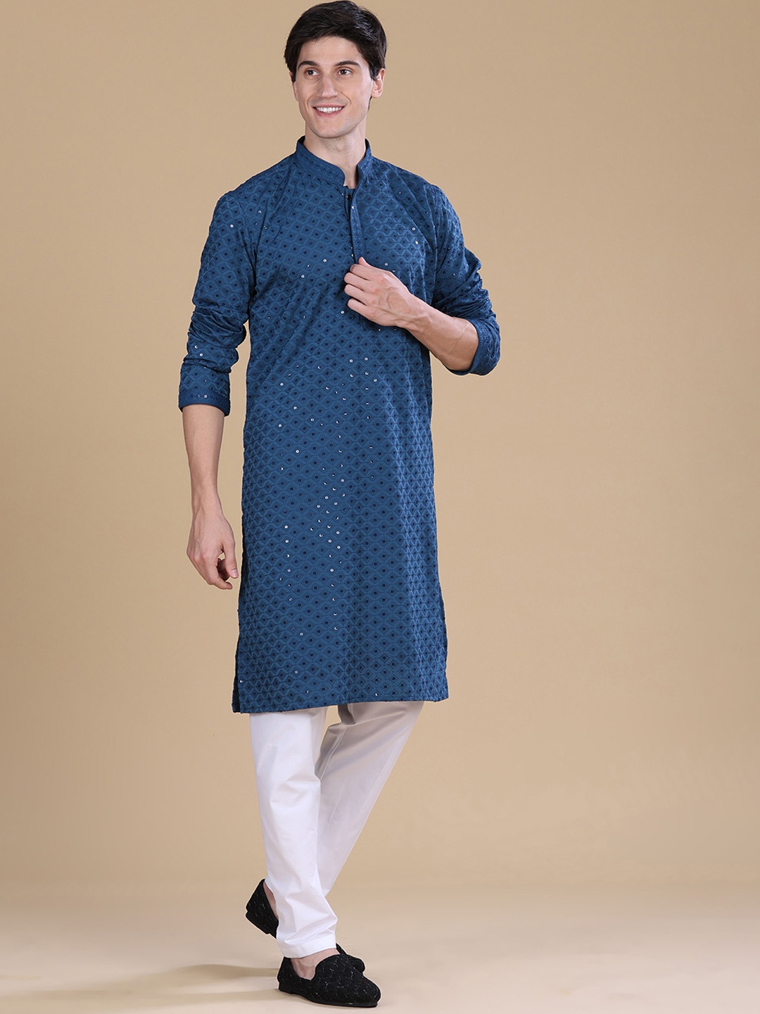 

Anouk Embroidered Sequence Mandarin Collar Cotton Straight Kurta, Blue