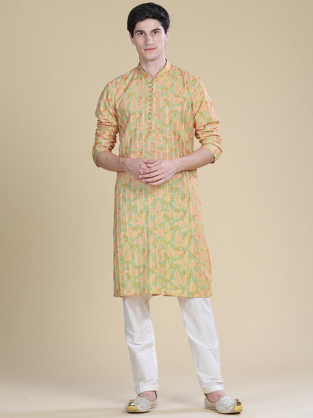 

Anouk Yellow Floral Printed Mandarin Collar Cotton Silk Straight Kurta