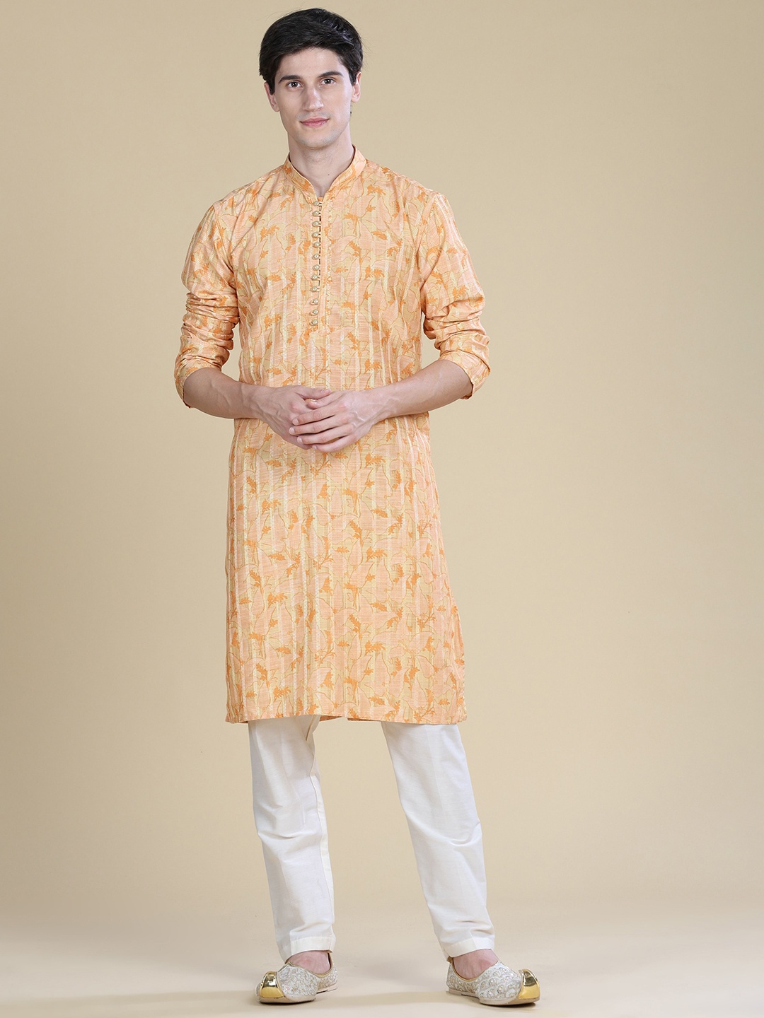 

Anouk Orange-Coloured Floral Printed Mandarin Collar Cotton Silk Straight Kurta