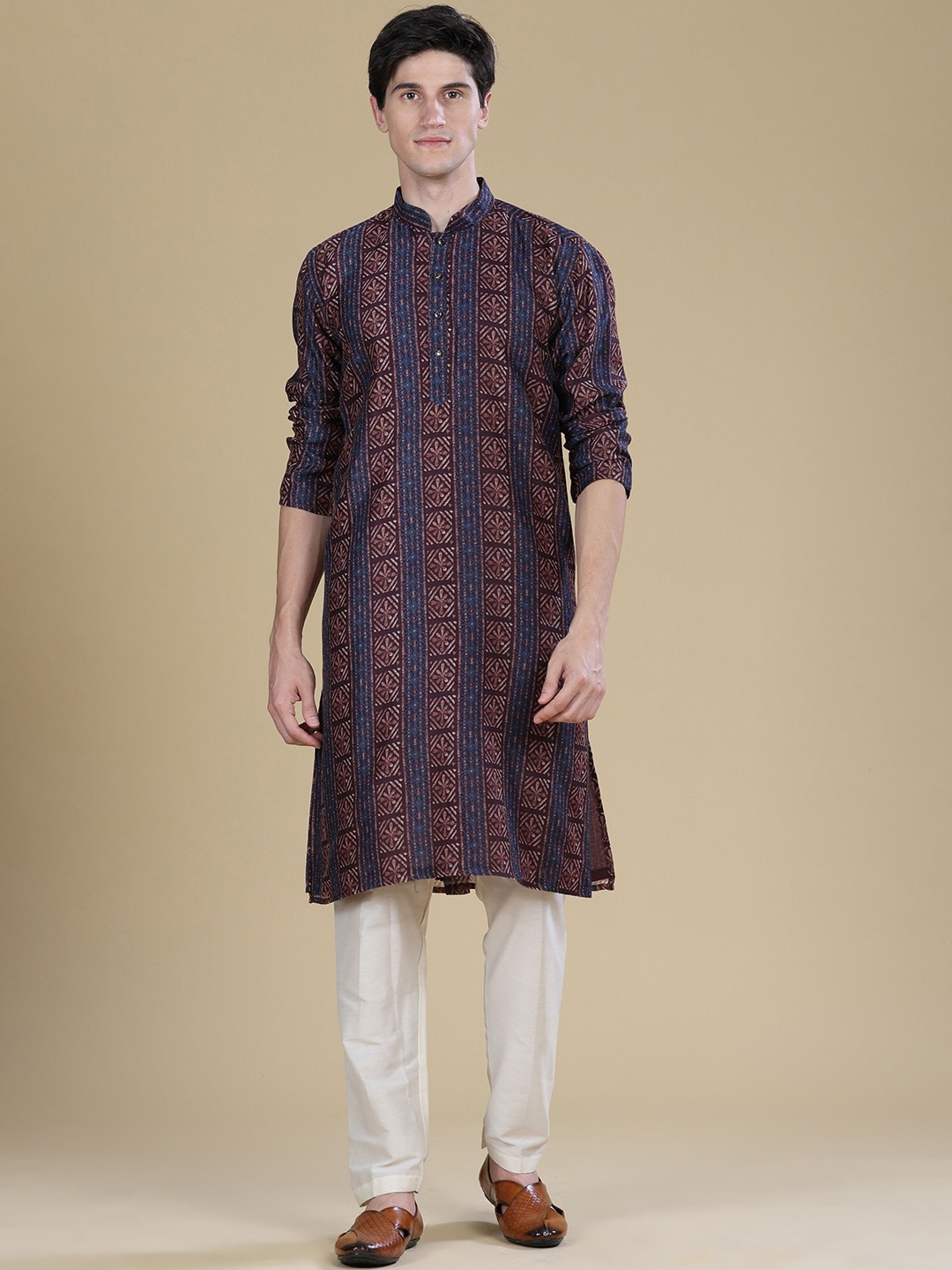 

Anouk Maroon Ethnic Motifs Printed Mandarin Collar Chanderi Silk Straight Kurta