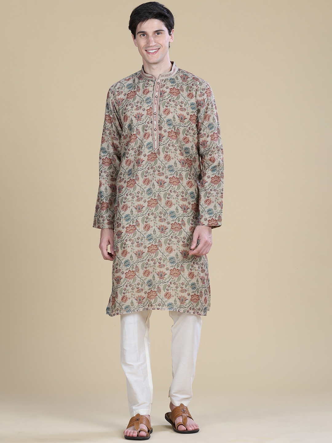 

Anouk Floral Printed Mandarin Collar Chanderi Silk Straight Kurta, Brown