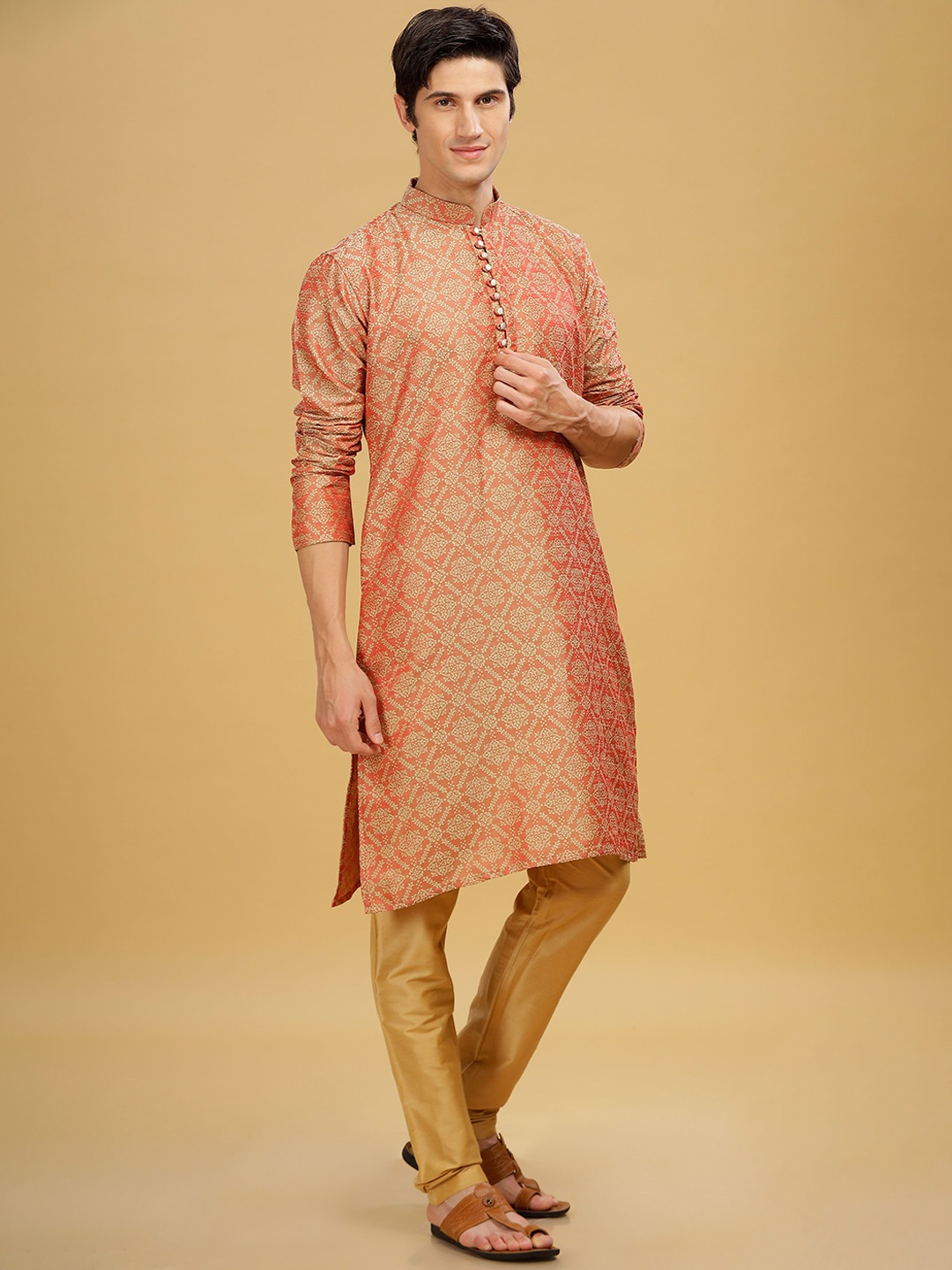 

Anouk Mandarin Collar Ethnic Motifs Cotton Kurta, Coral