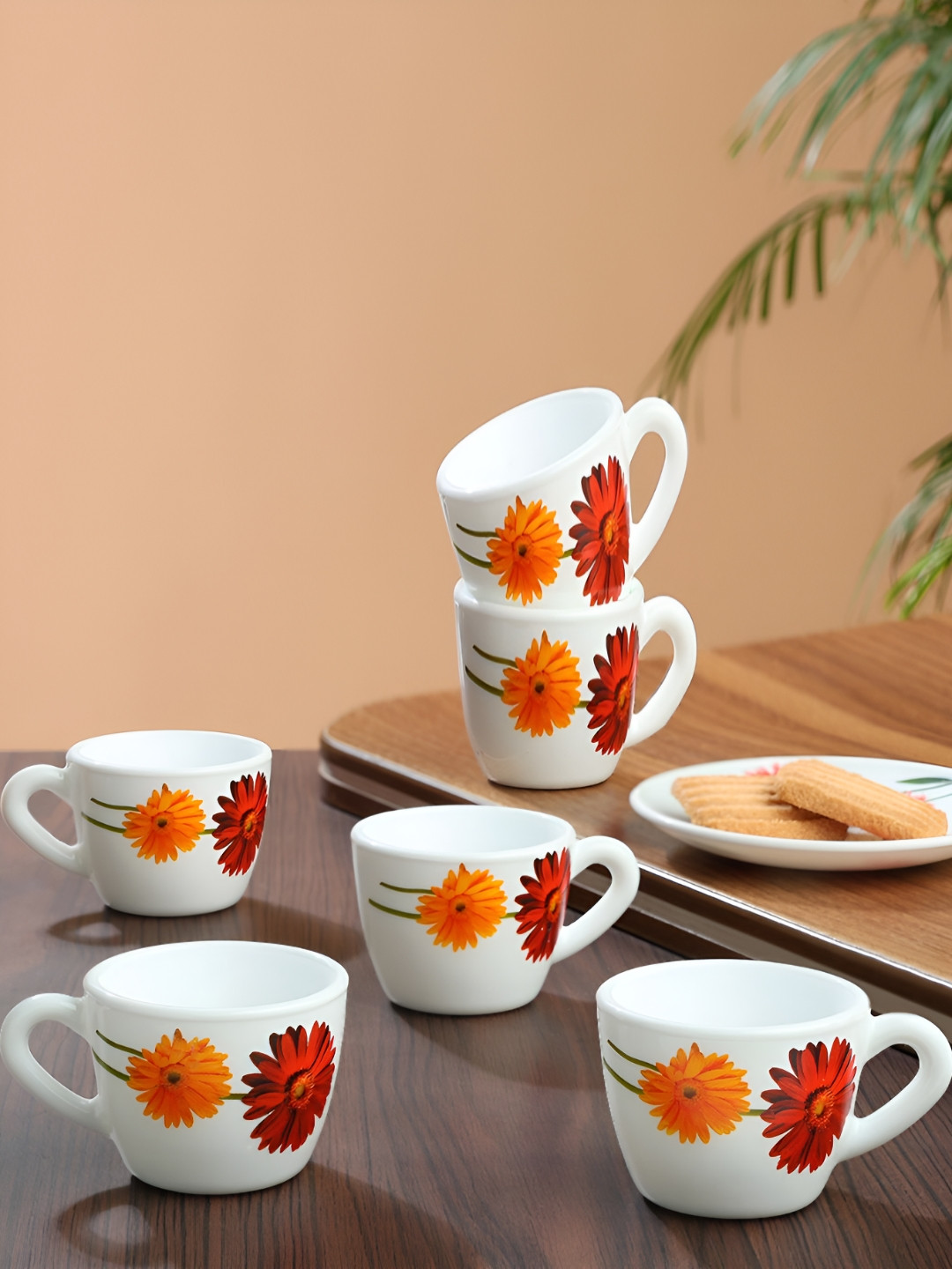

Larah by BOROSIL White & Red 6 Pieces Printed Opalware Matte Cups 90 ml