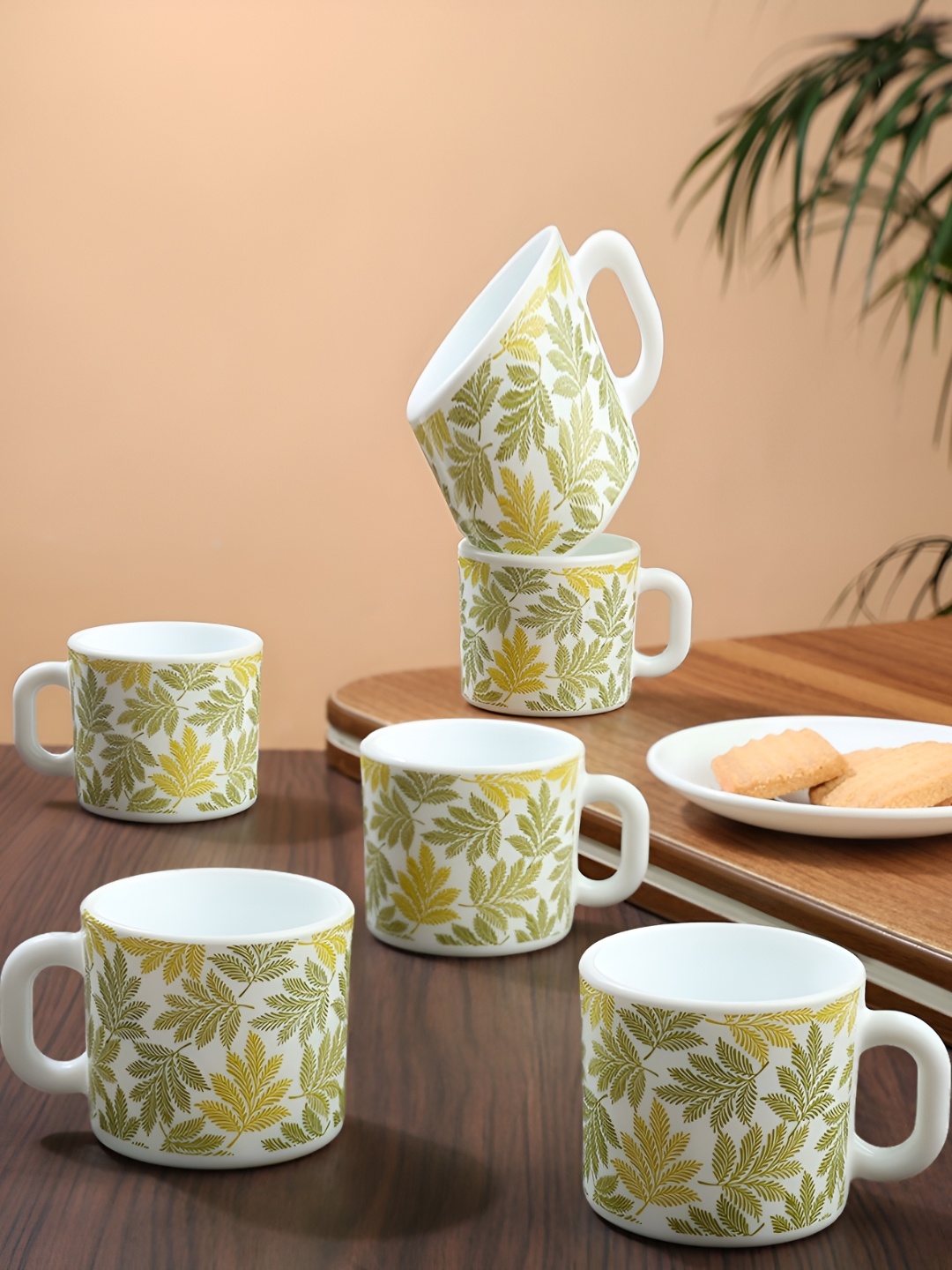 

Larah by BOROSIL White & Green 6 Pieces Printed Opalware Matte Mugs 100 ml