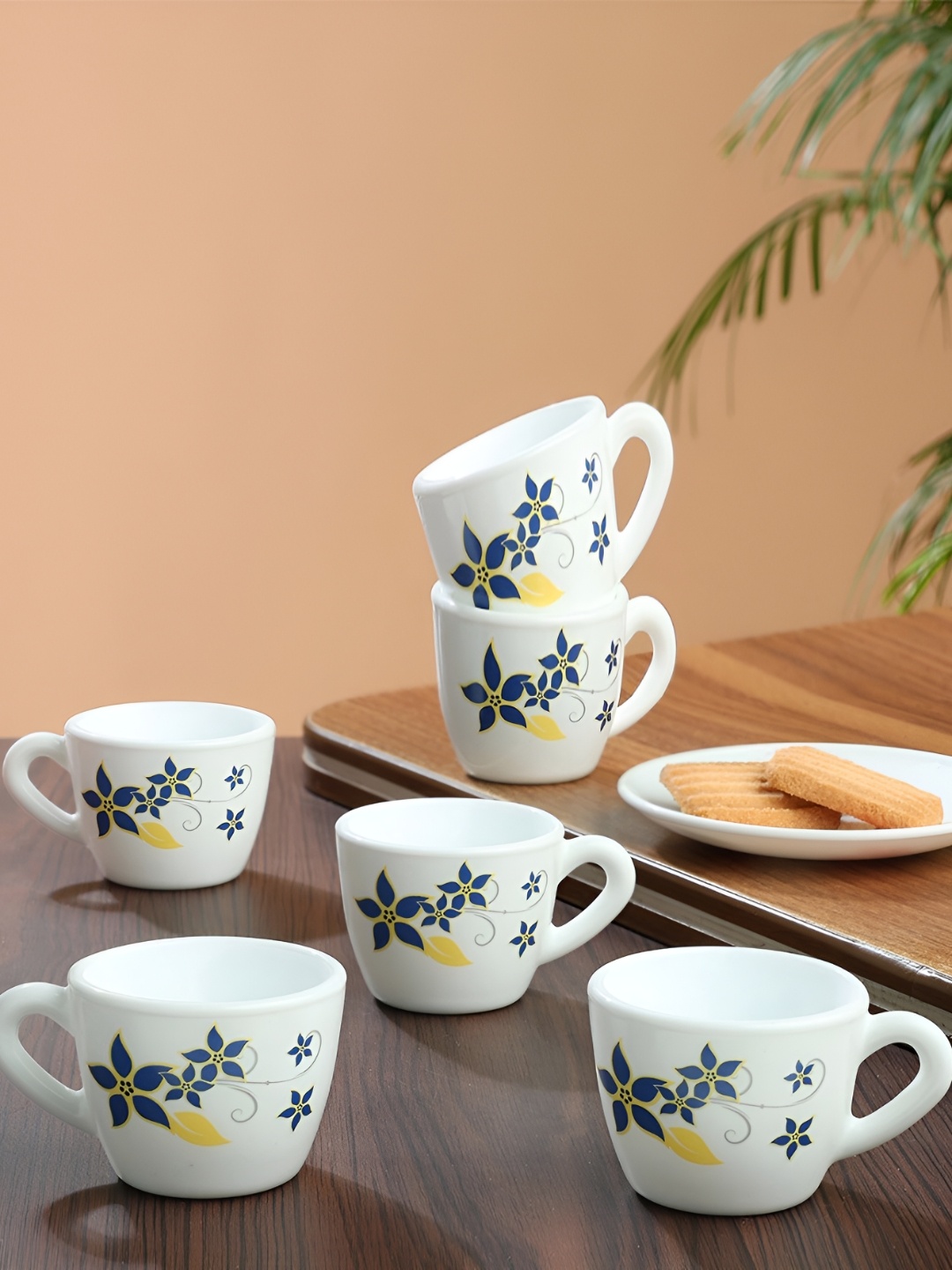 

Larah by BOROSIL White & Blue 6 Pieces Printed Opalware Matte Cups 90 ml