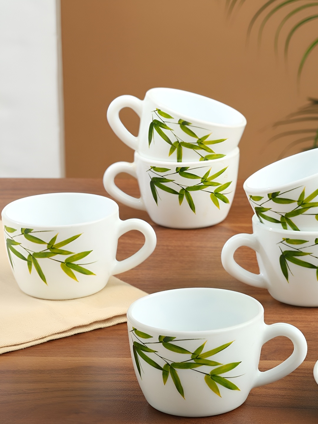 

Larah by BOROSIL White & Green 6 Pieces Printed Opalware Matte Cups 140 ml