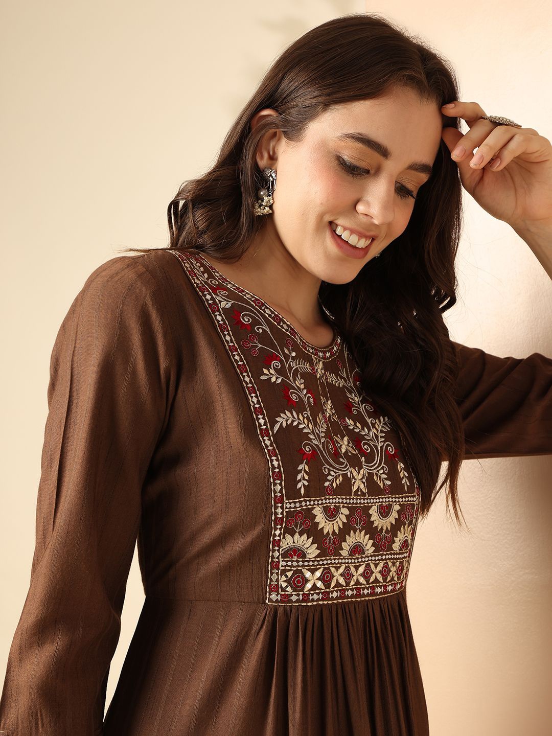 

Anouk Floral Yoke Design Round Neck A Line Kurta, Brown