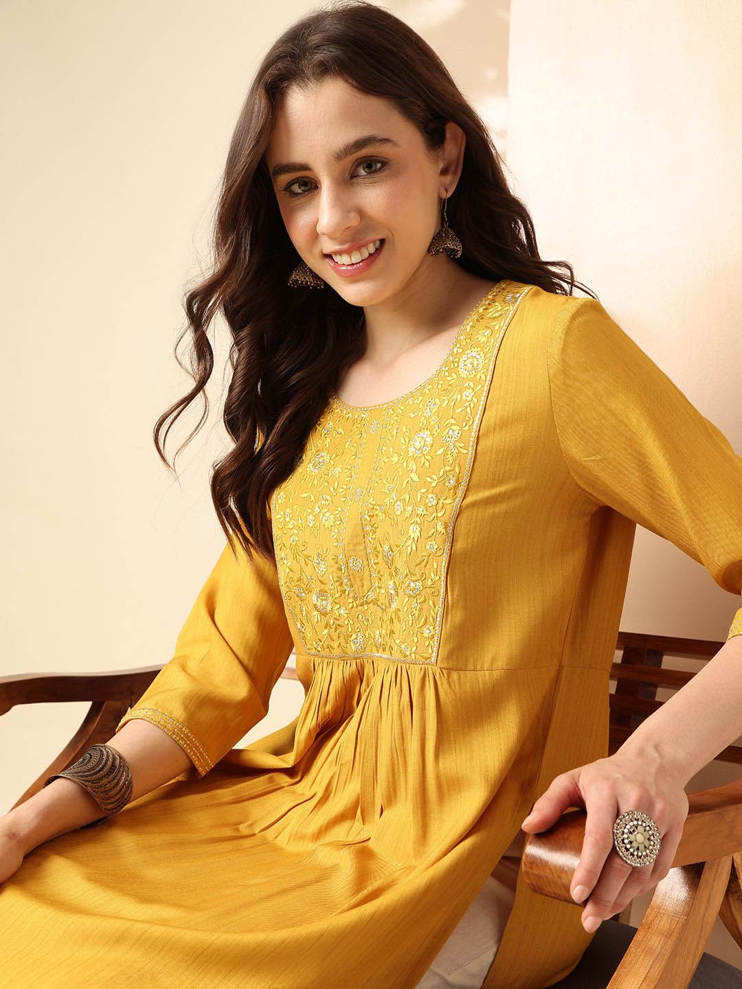 

Anouk Yoke Design Round Neck A Line Kurta, Mustard