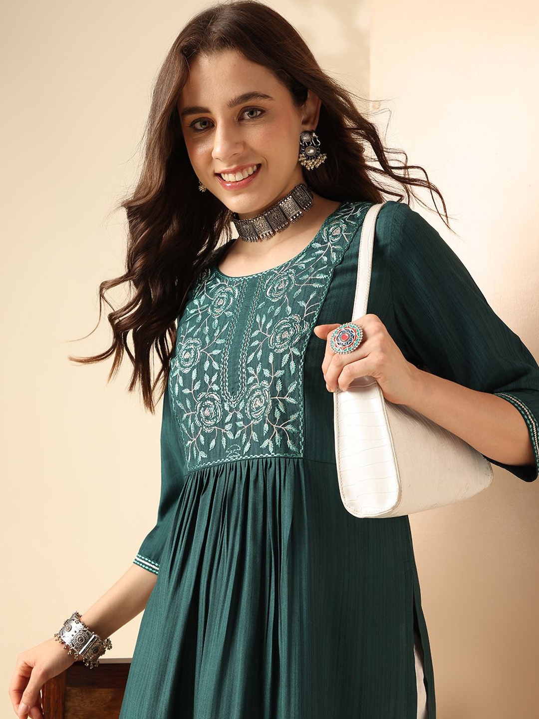 

Anouk Yoke Design Round Neck A Line Kurta, Teal