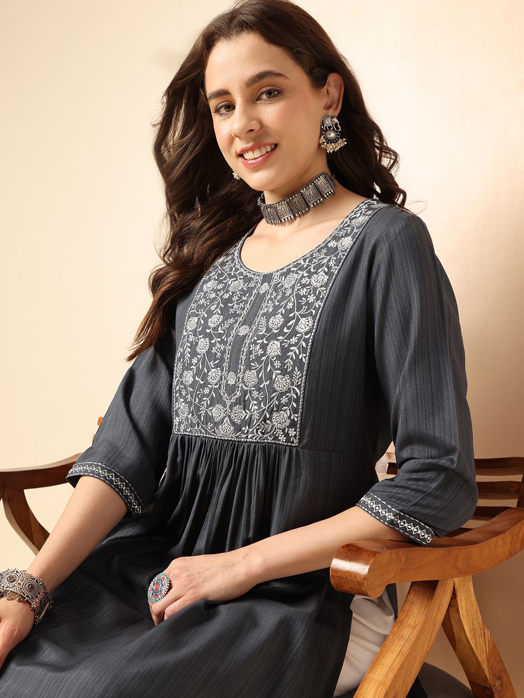 

Anouk Embroidered Yoke Design Round Neck A-Line Kurta, Grey