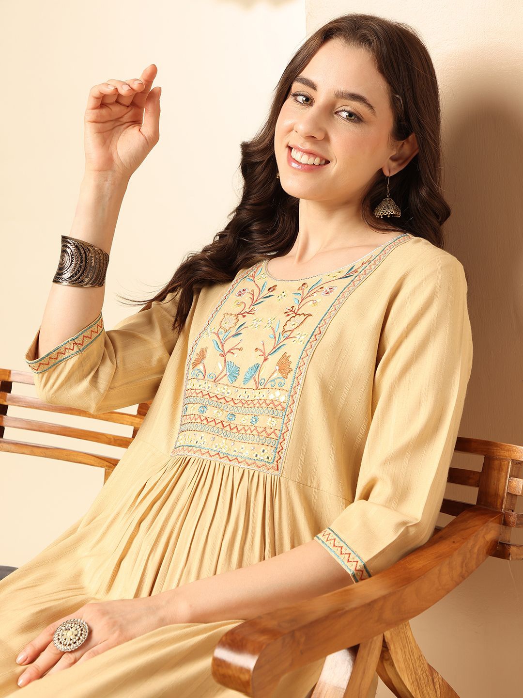 

Anouk Yoke Design Round Neck A Line Kurta, Beige