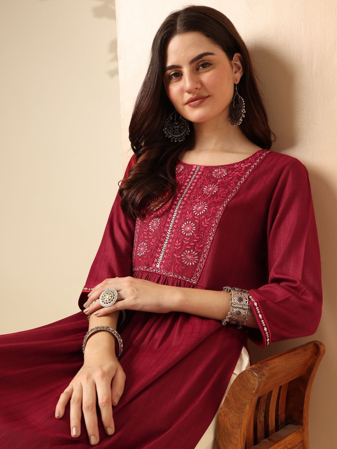 

Anouk Yoke Design Round Neck A Line Kurta, Magenta