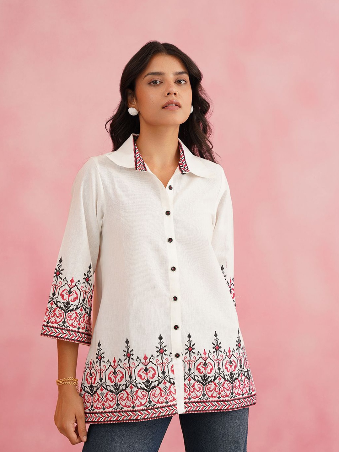 

INCHING INDIA Embroidered Flared Sleeve Cross Stitch Cotton Top, Cream