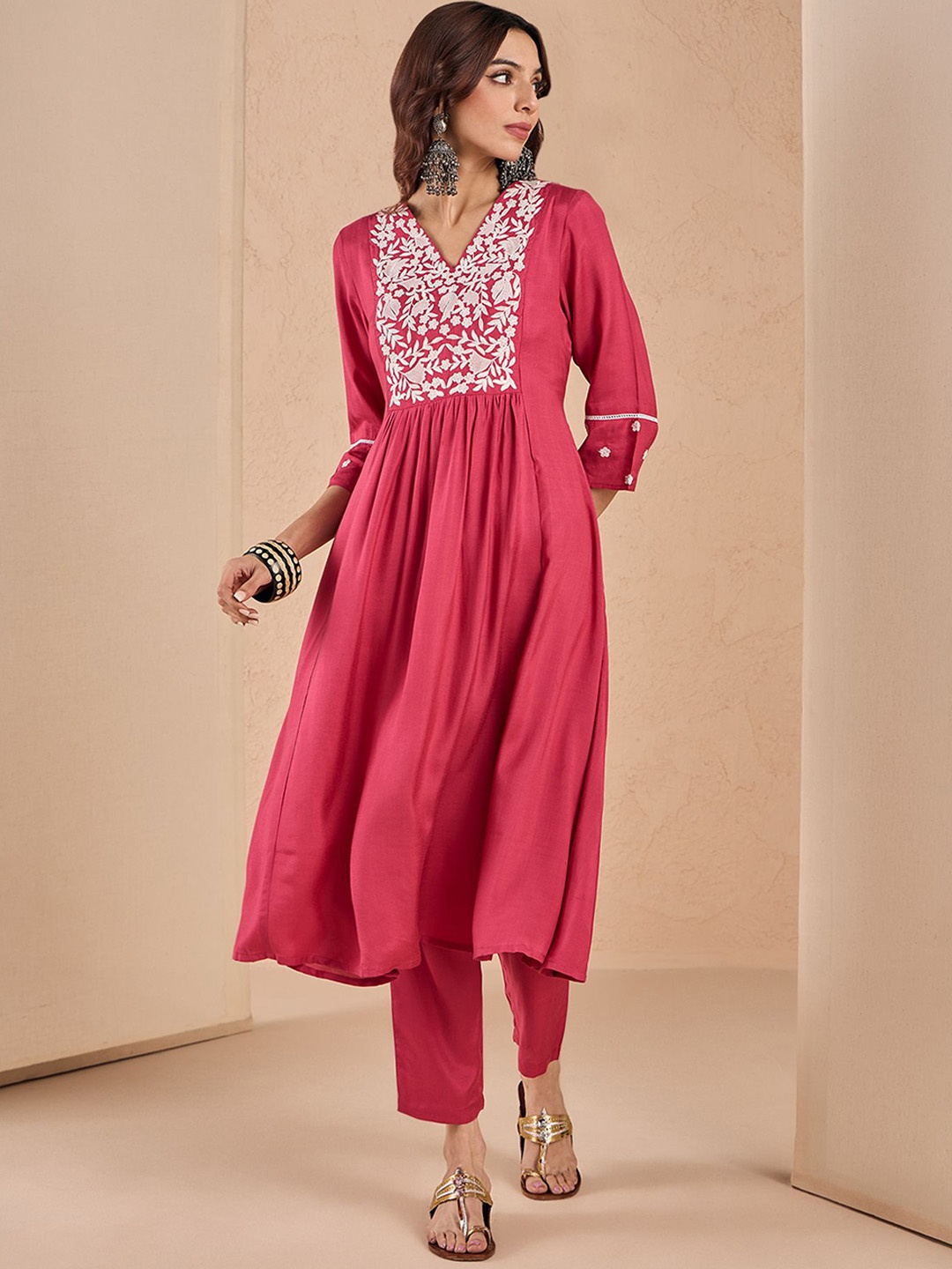 

Likha Floral Yoke Design Thread Work Pleated A-Line Kurta with Trousers, Red