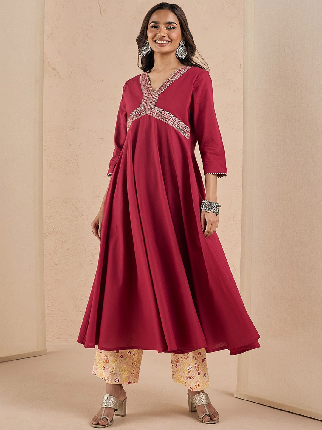 

Likha Pure Cotton Alia Cut Flared Kurta with Zari Work & Handblock Printed Pant, Maroon