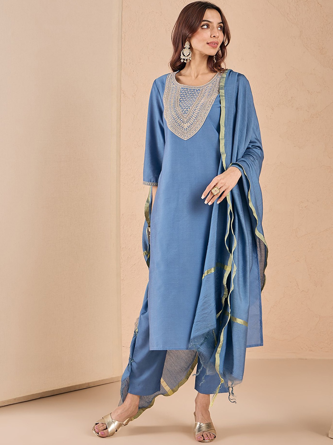 Likha Art Silk Dori Embroidered Yoke Straight Kurta with Solid Pant and Dupatta, Blue