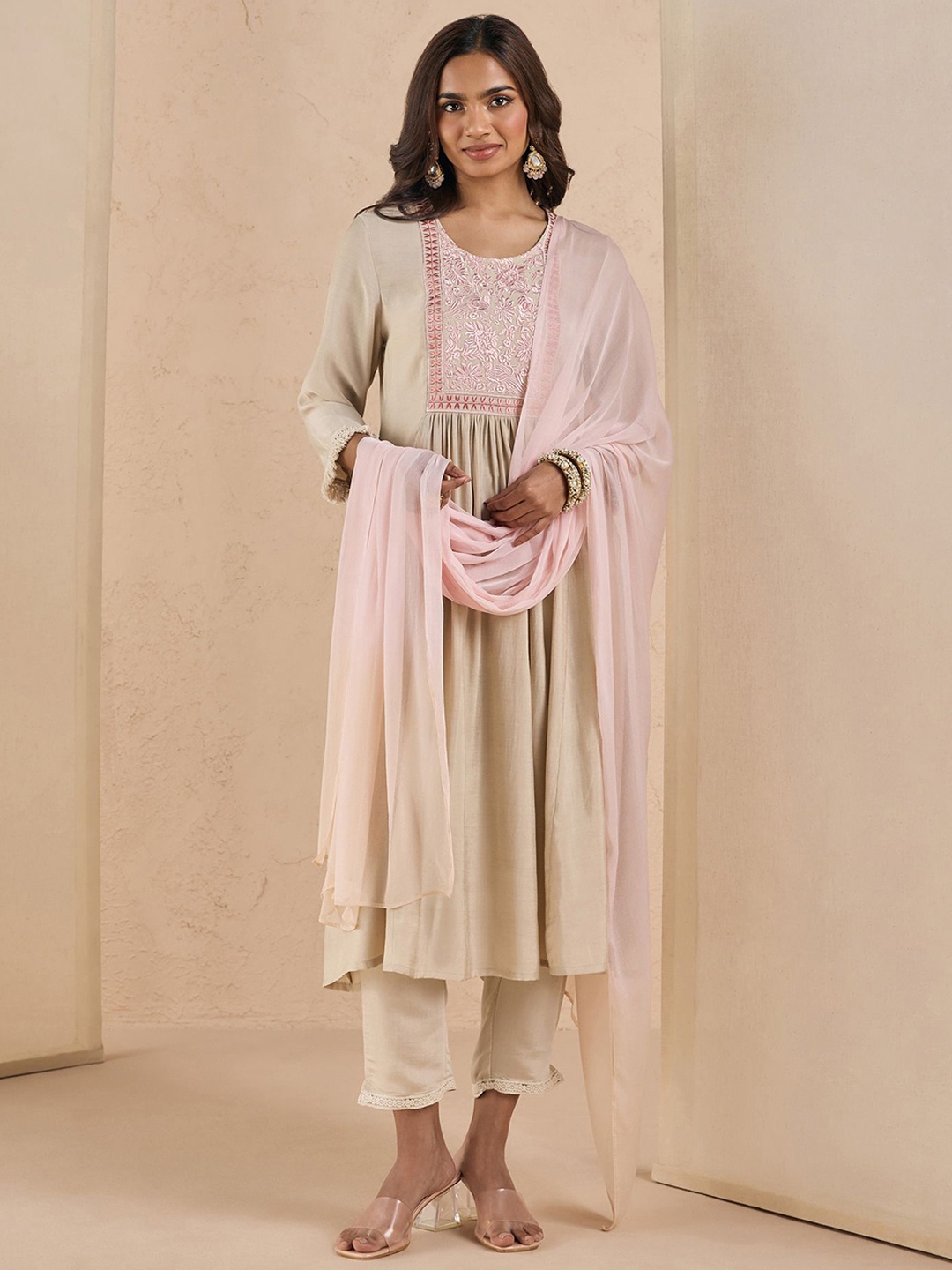 

Likha Smooth Art Silk Fit & Flare Emboidered Kurta with Pant & Dupatta, Off white