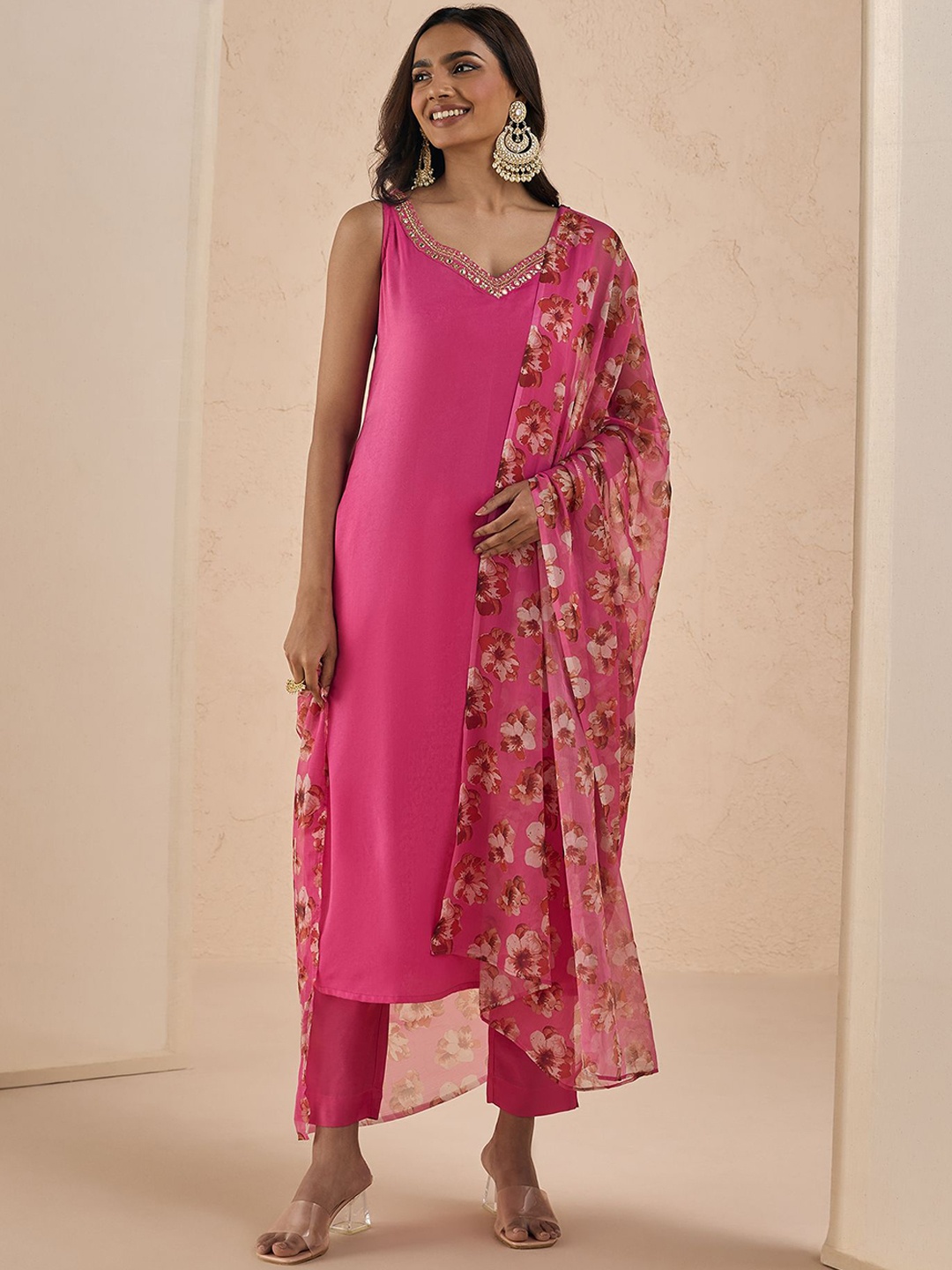 

Likha Shoulder Straps Sequinned Satin Straight Kurta with Trousers & Dupatta, Pink