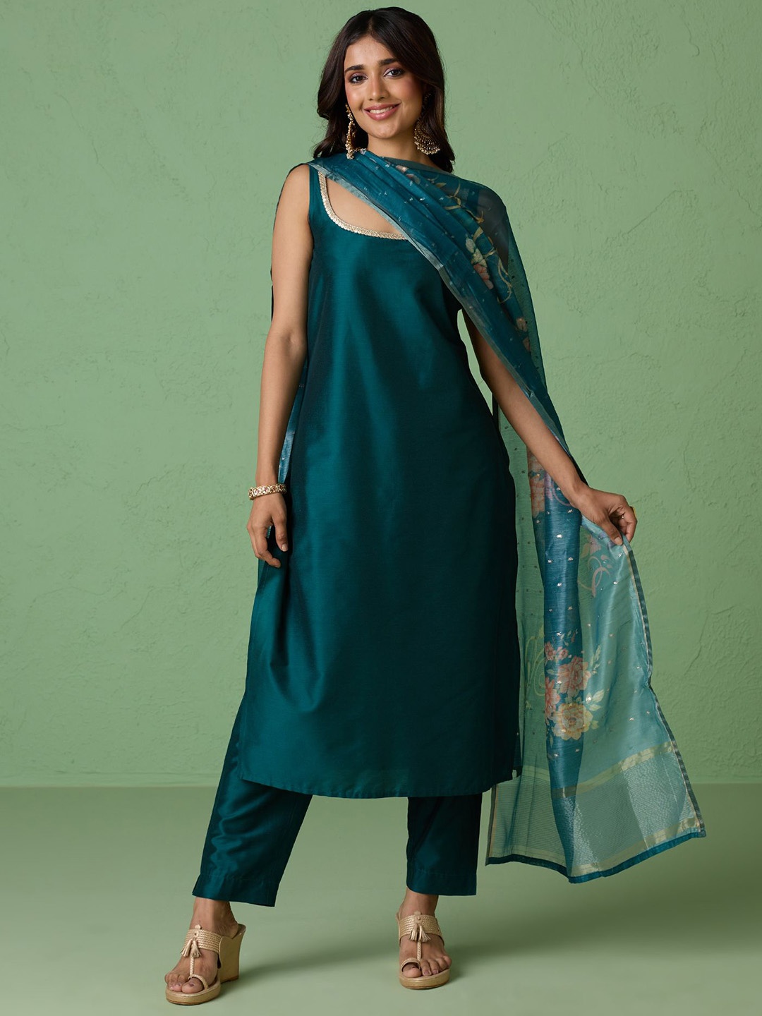 

Likha Shoulder Straps Sequinned Straight Kurta with Trousers & Dupatta, Teal