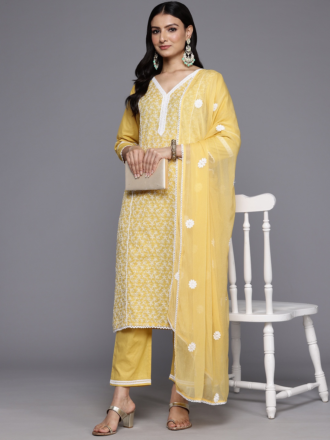 

Varanga Embroidered Panelled Thread Work Kurta With Trousers & Dupatta, Mustard
