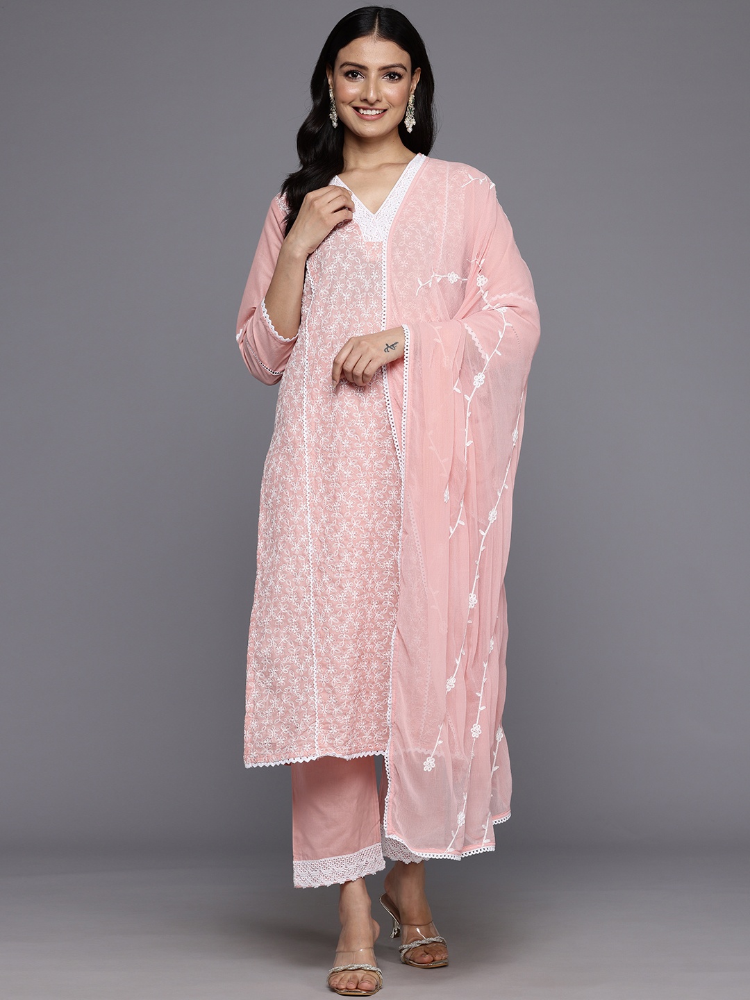 

Varanga Floral Embroidered Panelled Thread Work Pure Cotton Kurta With Trousers & Dupatta, Pink