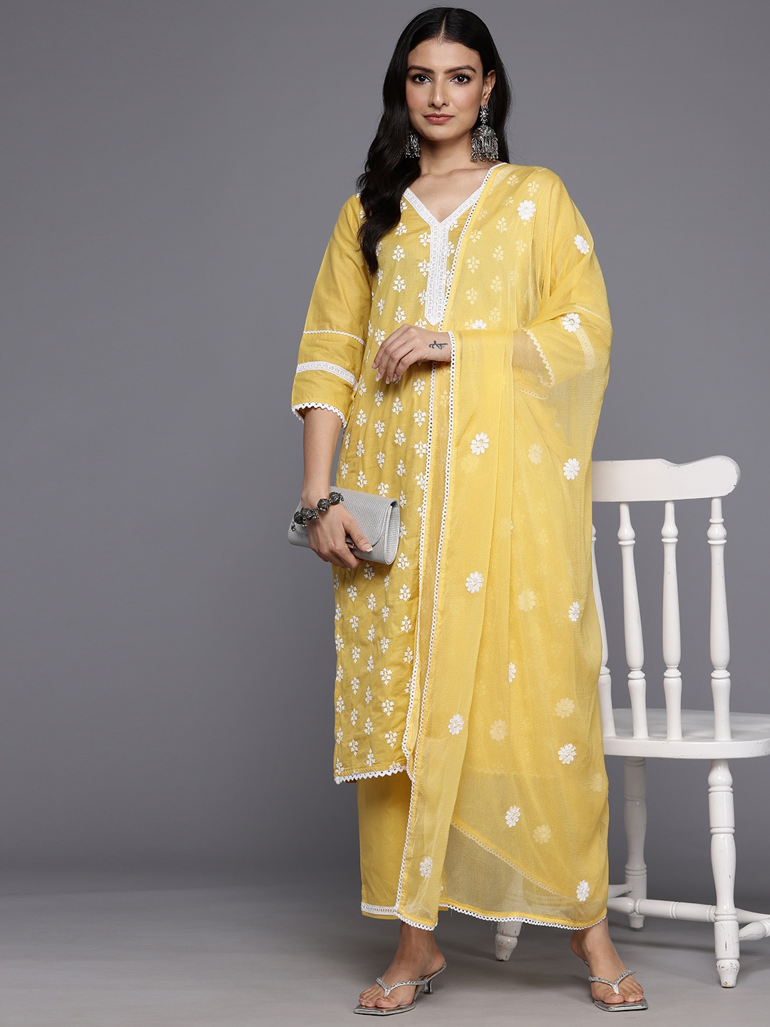 

Varanga Floral Embroidered Thread Work Pure Cotton Kurta With Trousers & Dupatta, Yellow