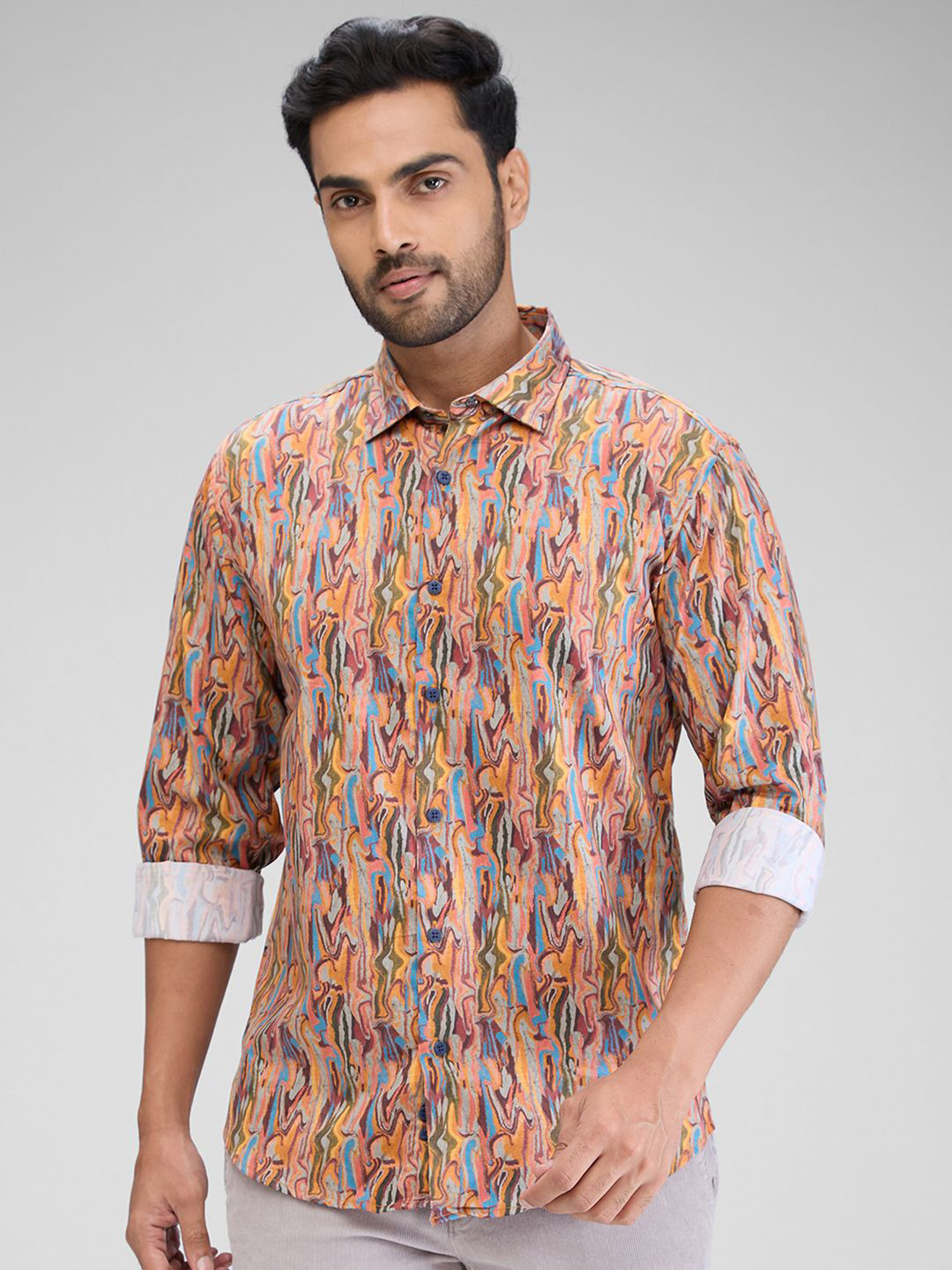 

Park Avenue Men Opaque Abstract Printed Slim Fit Spread Collar Casual Shirt, Orange