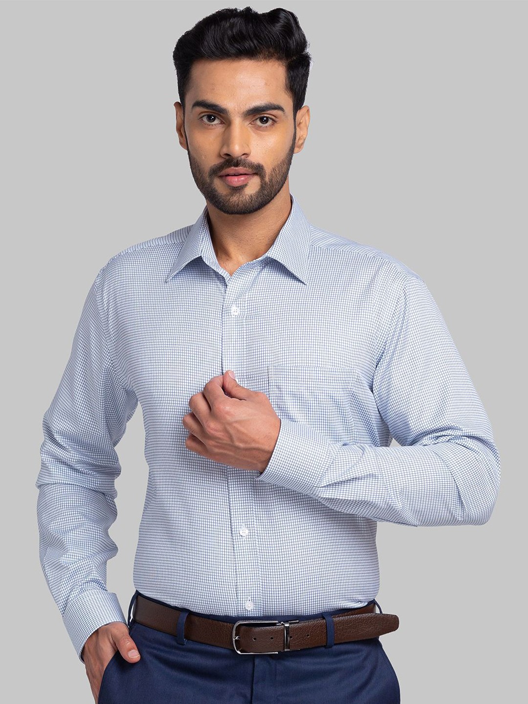 

Park Avenue Men Opaque Checked Spread Collar Formal Shirt, Blue