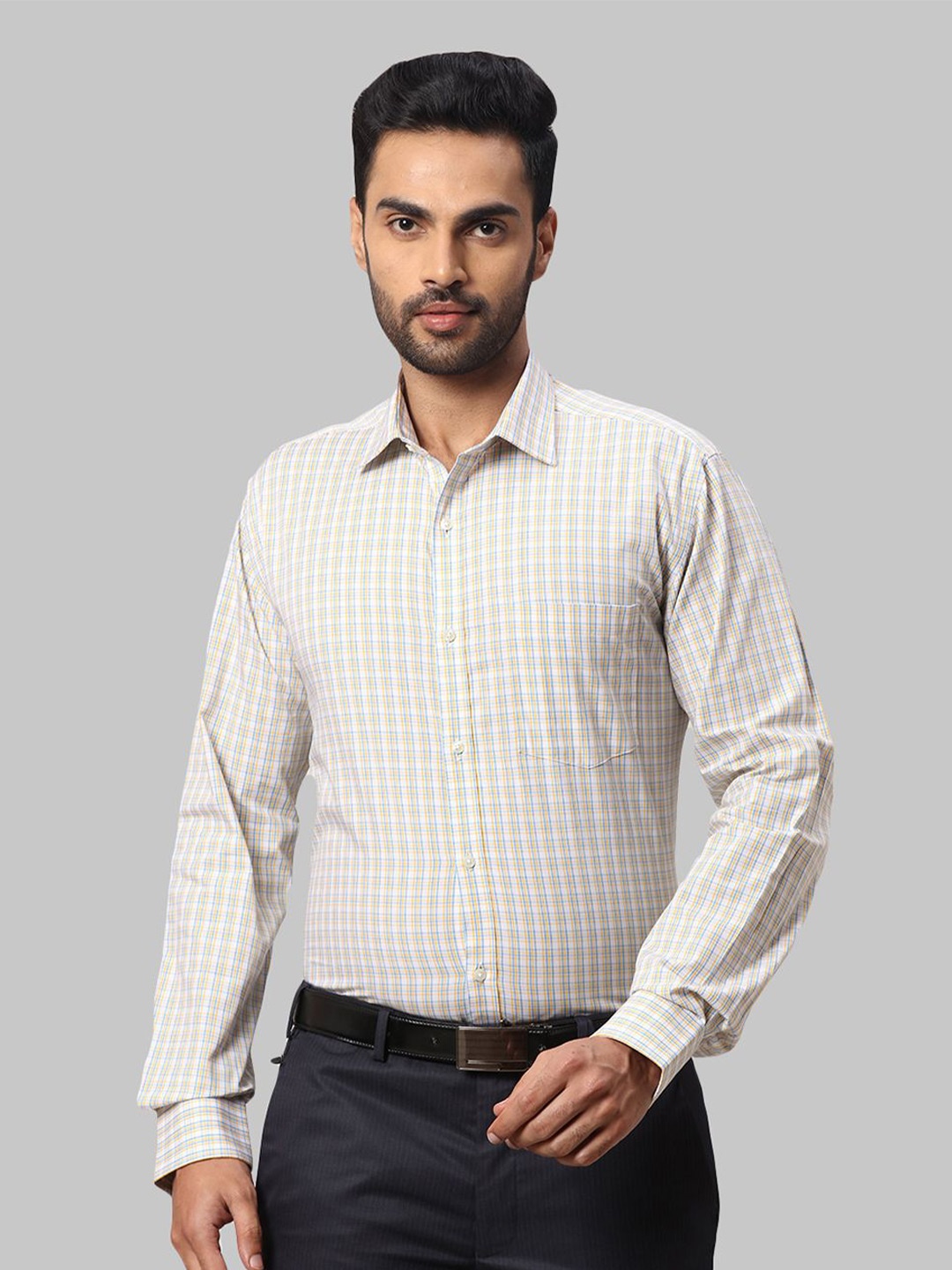 

Park Avenue Men Slim Fit Opaque Checked Spread Collar Formal Shirt, Grey