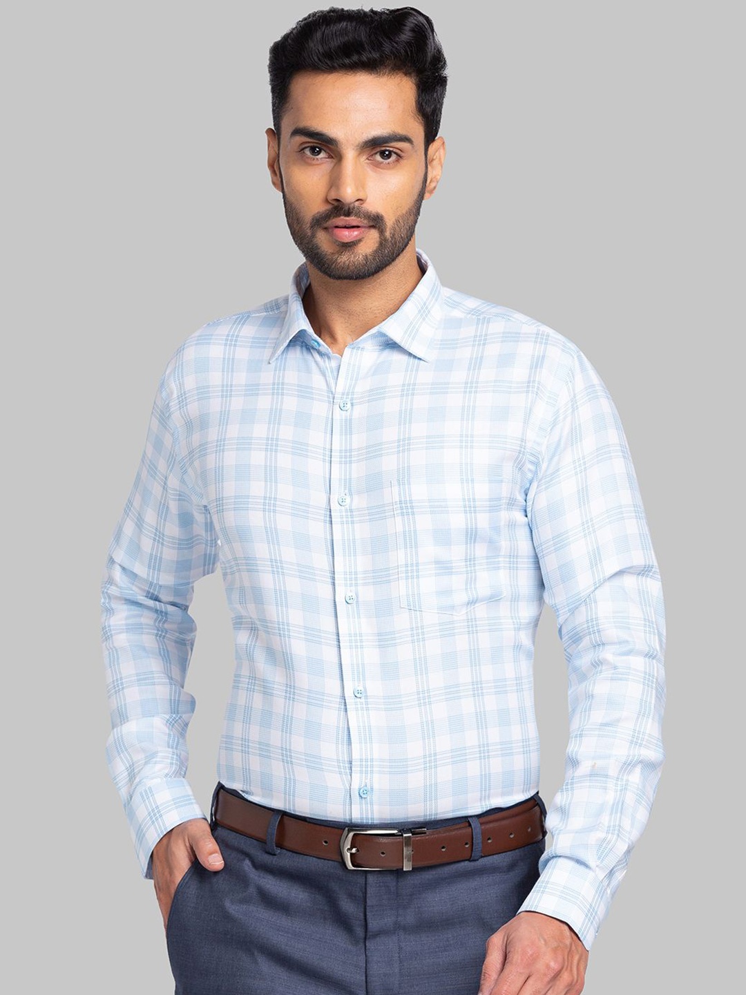

Park Avenue Men Slim Fit Opaque Checked Spread Collar Formal Shirt, Blue