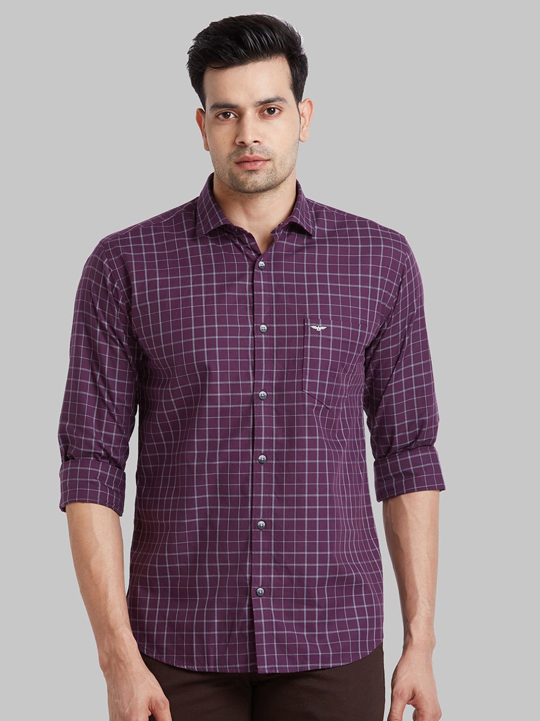 

Park Avenue Men Slim Fit Opaque Checked Spread Collar Casual Shirt, Violet