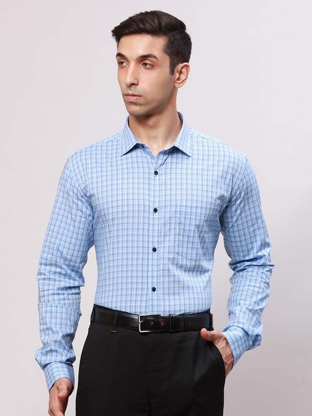 

Park Avenue Men Slim Fit Opaque Checked Spread Collar Formal Shirt, Blue