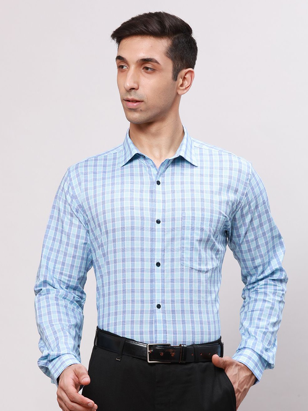 

Park Avenue Men Slim Fit Opaque Checked Spread Collar Formal Shirt, Blue