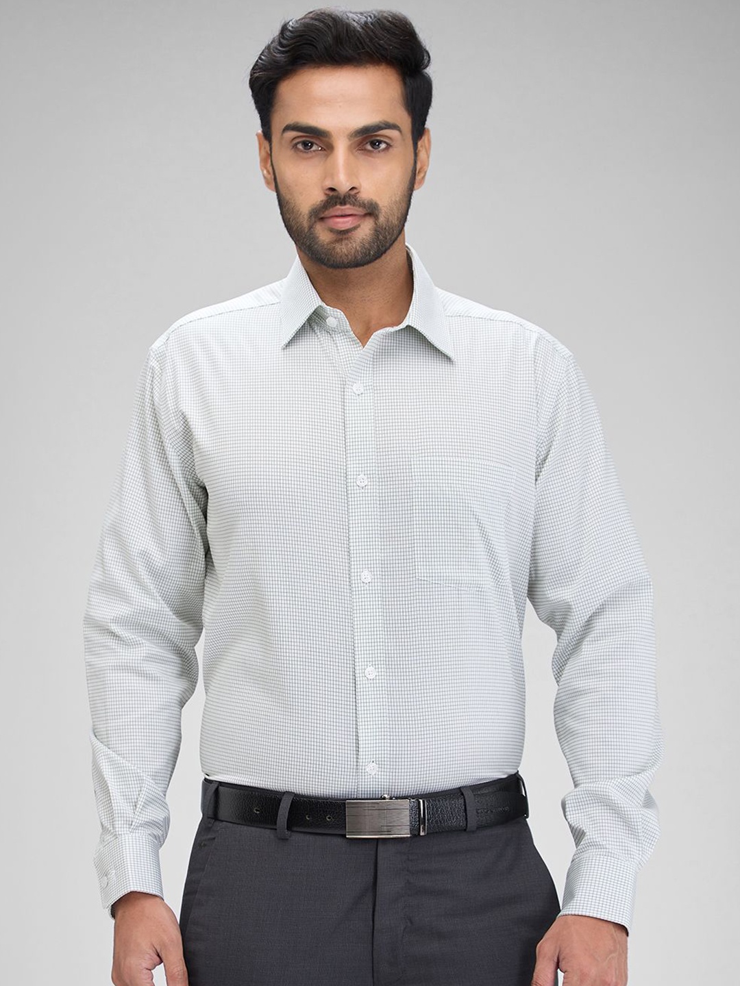 

Park Avenue Men Opaque Checked Spread Collar Formal Shirt, Green