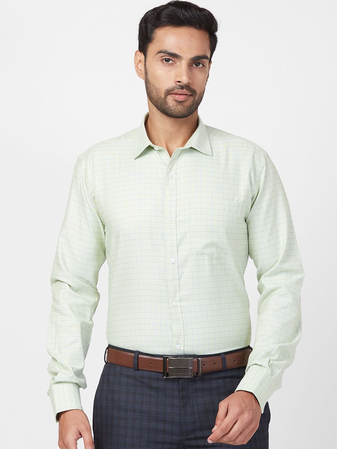 

Park Avenue Men Slim Fit Opaque Checked Spread Collar Formal Shirt, Green