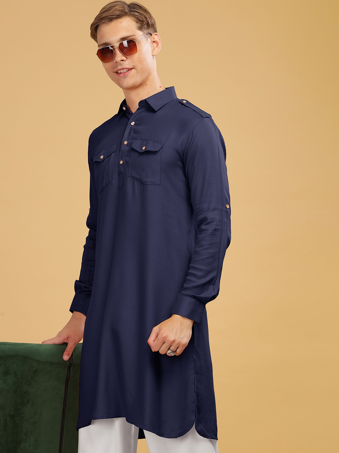 

Anouk Navy Blue Pathani Pure Cotton Kurta with Salwar