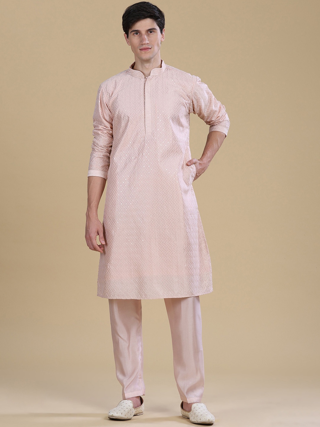 

Anouk Pink Embroidered Straight Sequined Kurta with Pyjamas