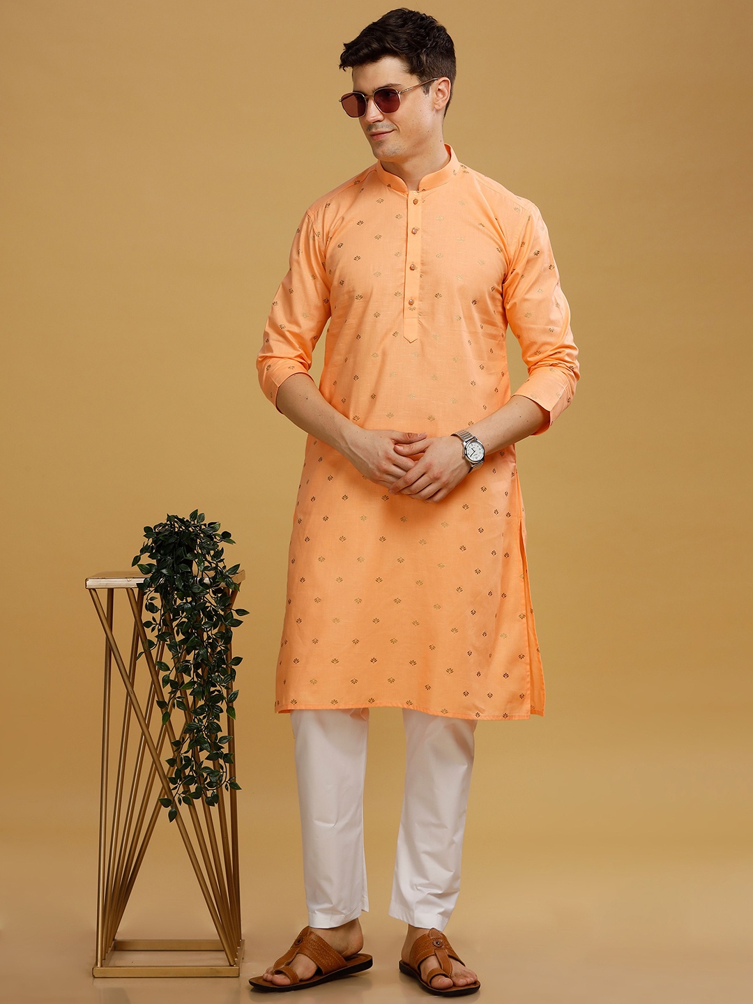 

Anouk Orange Ethnic Motifs Embroidered Straight Pure Cotton Kurta with Pyjamas