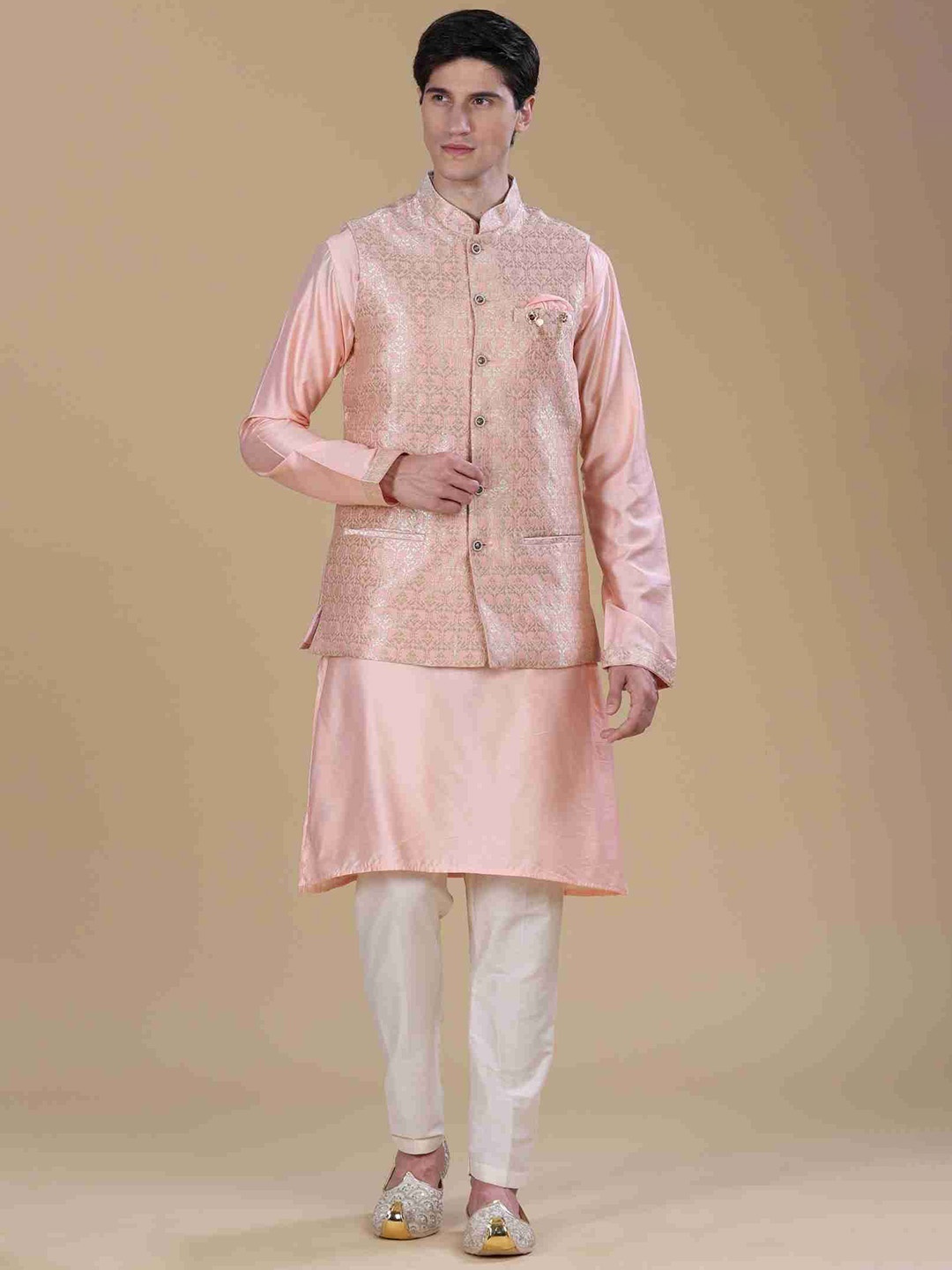 

Anouk Mandarin Collar Regular Dupion Silk Kurta with Pyjamas & Nehru Jacket, Pink