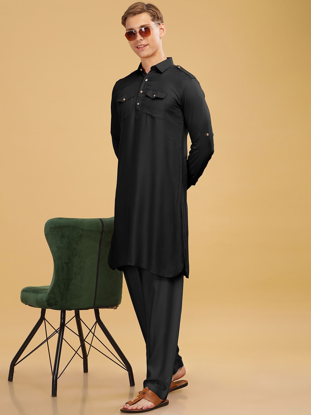 

Anouk Pure Cotton Pathani Kurta Pyjama Set, Black