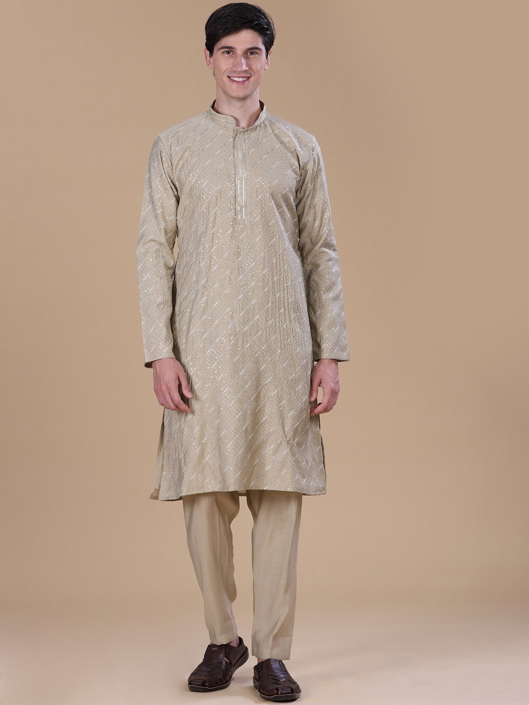 

Anouk Brown Embroidered Straight Sequinned Kurta with Pyjamas